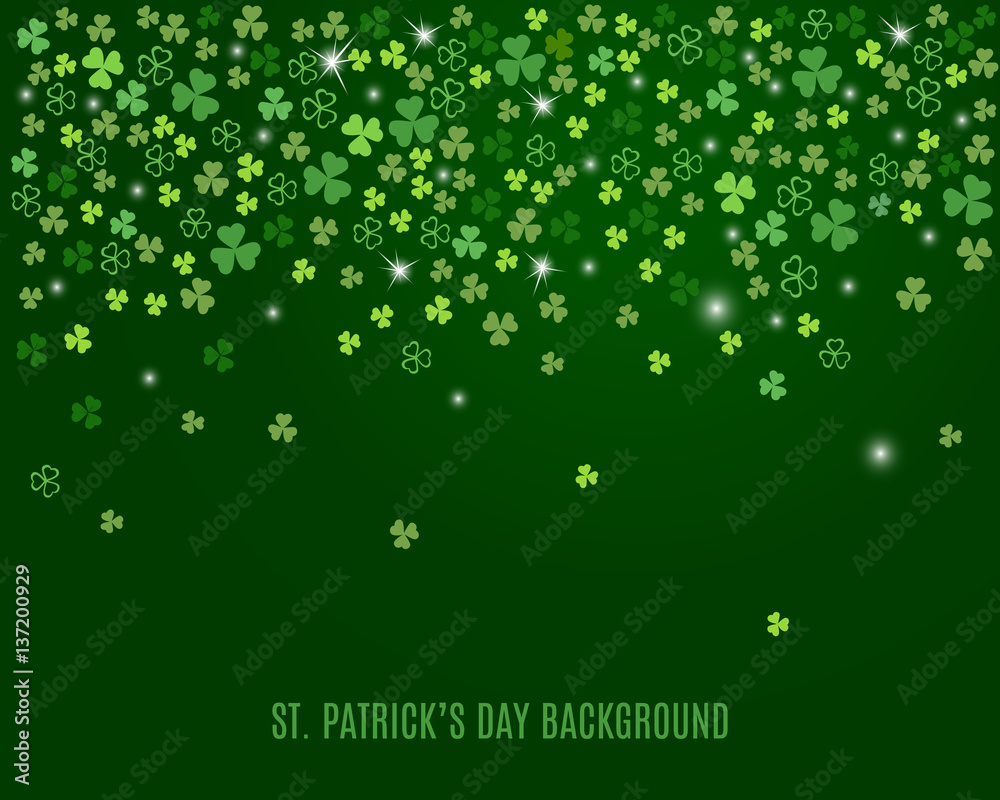 Sparkling clover shamrock leaves isolated on dark green background. Abstract St. Patrick's day background for your greeting cards design or website. Vector illustration