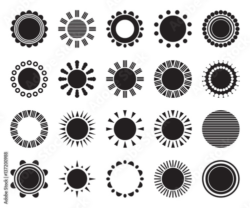 Set of monochrome simple suns isolated on white background. Weather icon, shape, label, symbol for your design. Graphic design element for logo, web and print. Vector illustration