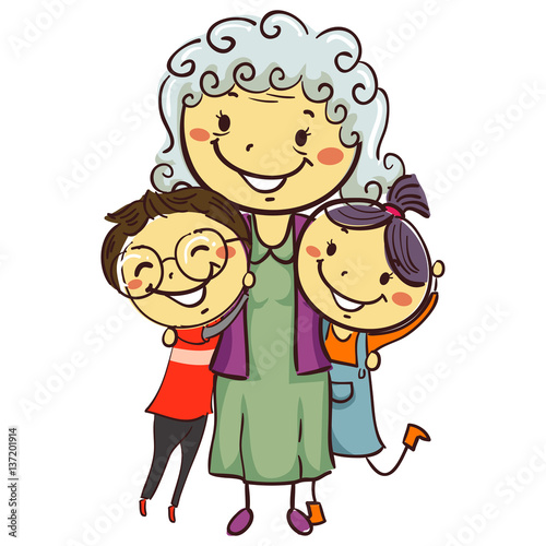 Vector Illustration of Stick Kids with Grandma