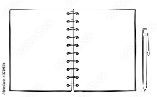 notebook and green pen vector hand drawn line art illustration