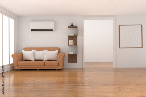 empty white room decoration with furniture in wood parquet and white room design in 3D rendering