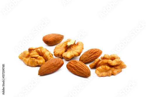 Almond and walnut isolated on white background