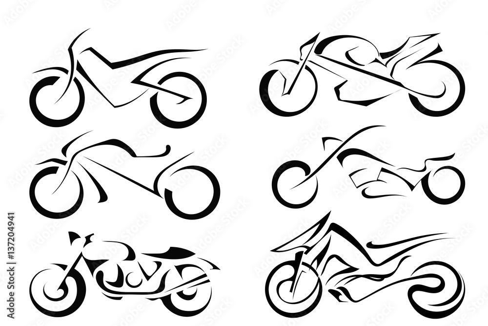 Obraz premium Set czarni wektorowi motocykle na białym tle. Streszczenie sylwetka motocykla. Stockowa ilustracja wektorowa