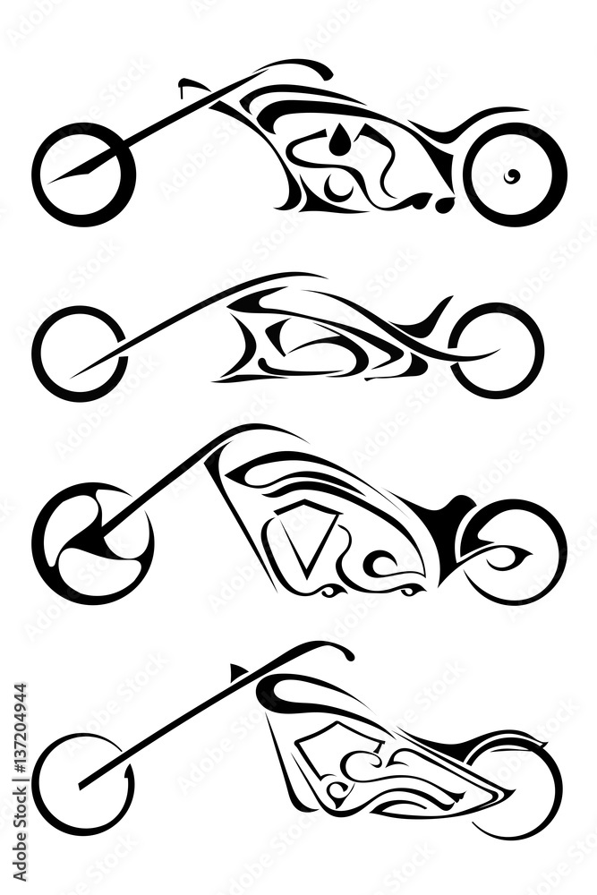 Naklejka premium Set of four black vector motorbike on a white background. Abstract motorbike silhouette. Stock vector illustration