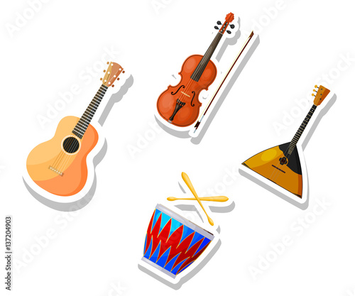 Set of color vector Cartoon musical instruments on a white background. Stickers musical