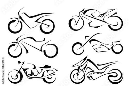 Set of black vector motorcycles on a white background. Abstract motorbike silhouette. Stock vector illustration