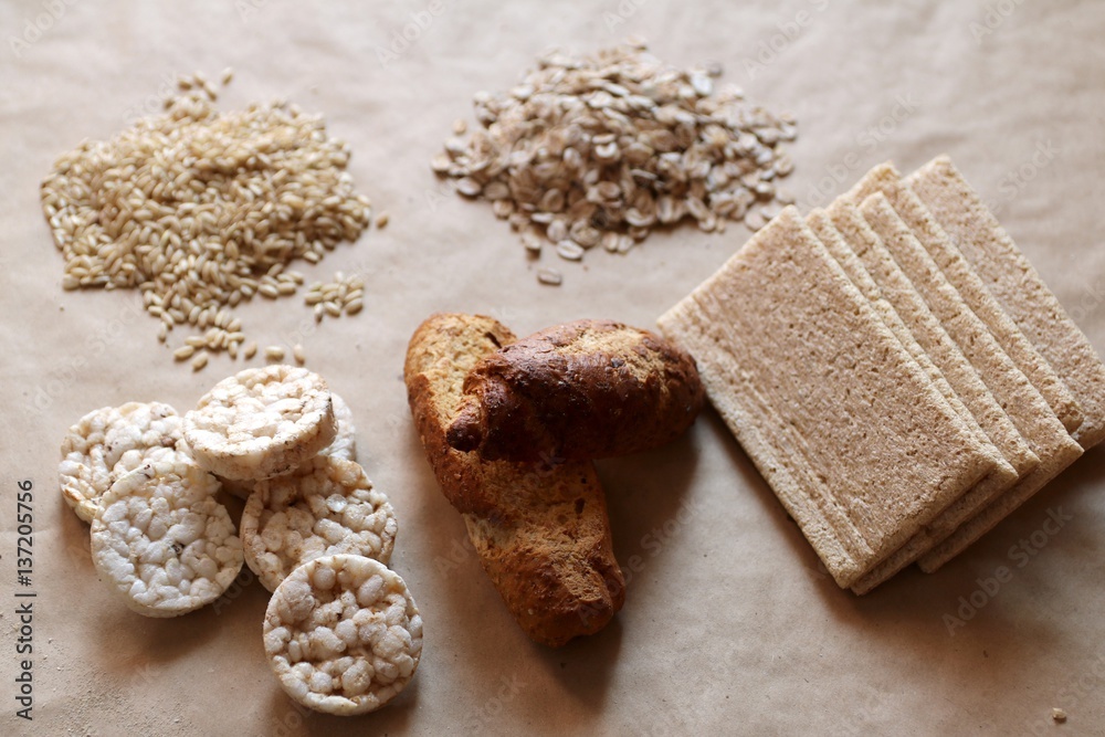 Food high in carbohydrate. Healthy eating, diet concept. Bread, rice