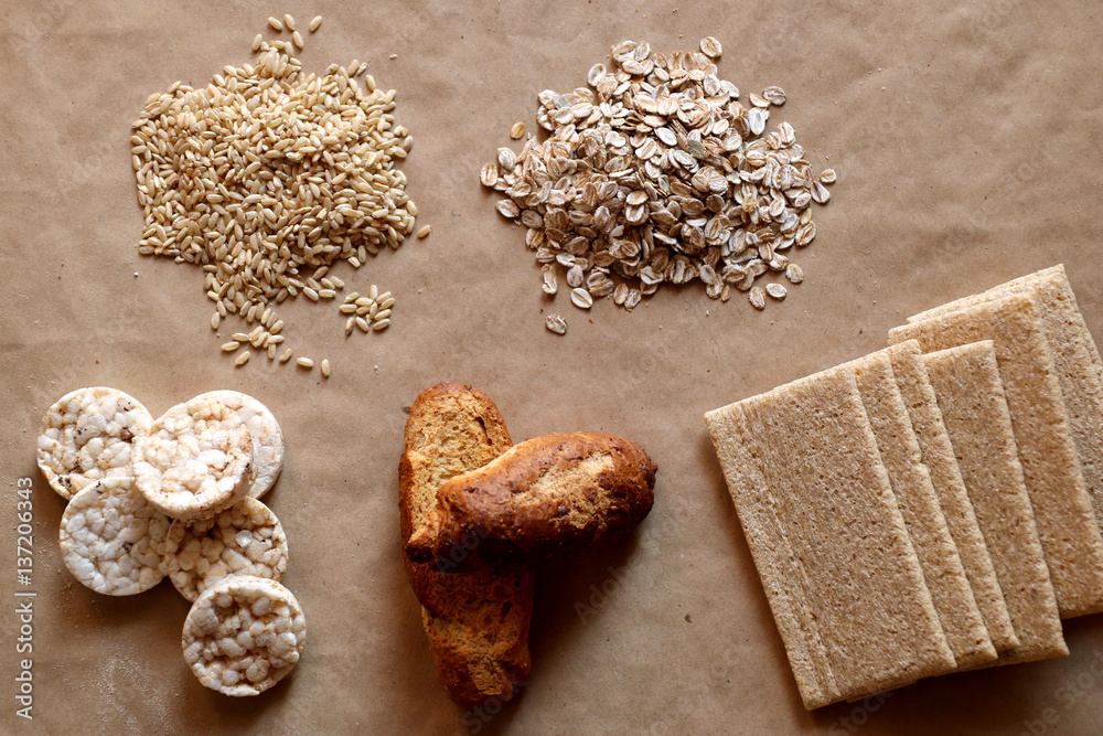 Foods high in carbohydrate. Healthy eating, diet concept. Bread, rice