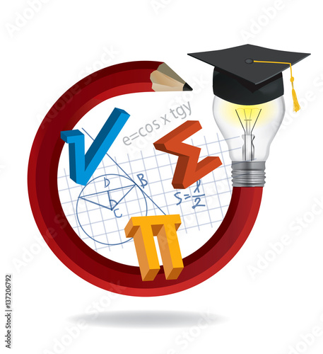 Idea pencil with Graduation cap and math symbols.
Illustration of red twisted pencil with a light bulb,Graduation hat cap and math symbols. Vector available.
