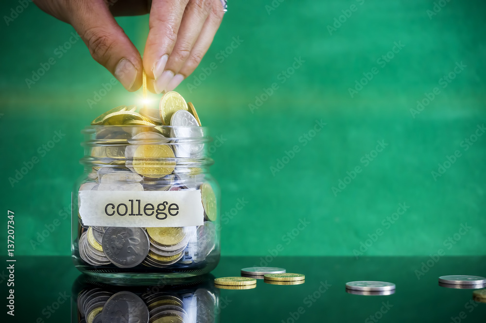 Preparation for future and financial concept. Coins in glass jar with COLLEGE label. Malaysia coins. - obrazy, fototapety, plakaty 