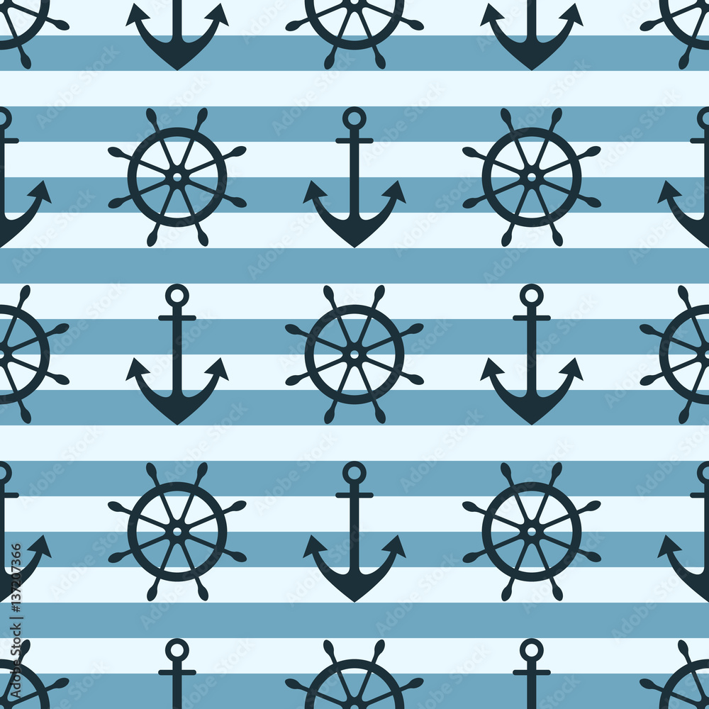 Fototapeta premium Vector seamless pattern with anchor, steering wheel. Symmetrical background, nautical theme. Graphic illustration. Template for wrapping, backgrounds, fabric, prints, decor, surface