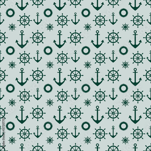 Vector seamless pattern with anchor, steering wheel. Symmetrical background, nautical theme. Graphic illustration. Template for wrapping, backgrounds, fabric, prints, decor, surface