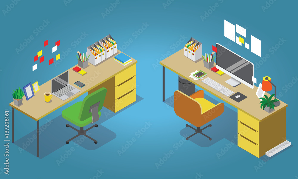 Fototapeta premium Isometric office concept vector illustration. Workplaces interior set: office table, modern chair, desktop computer, lamp, trash basket books, keyboard.