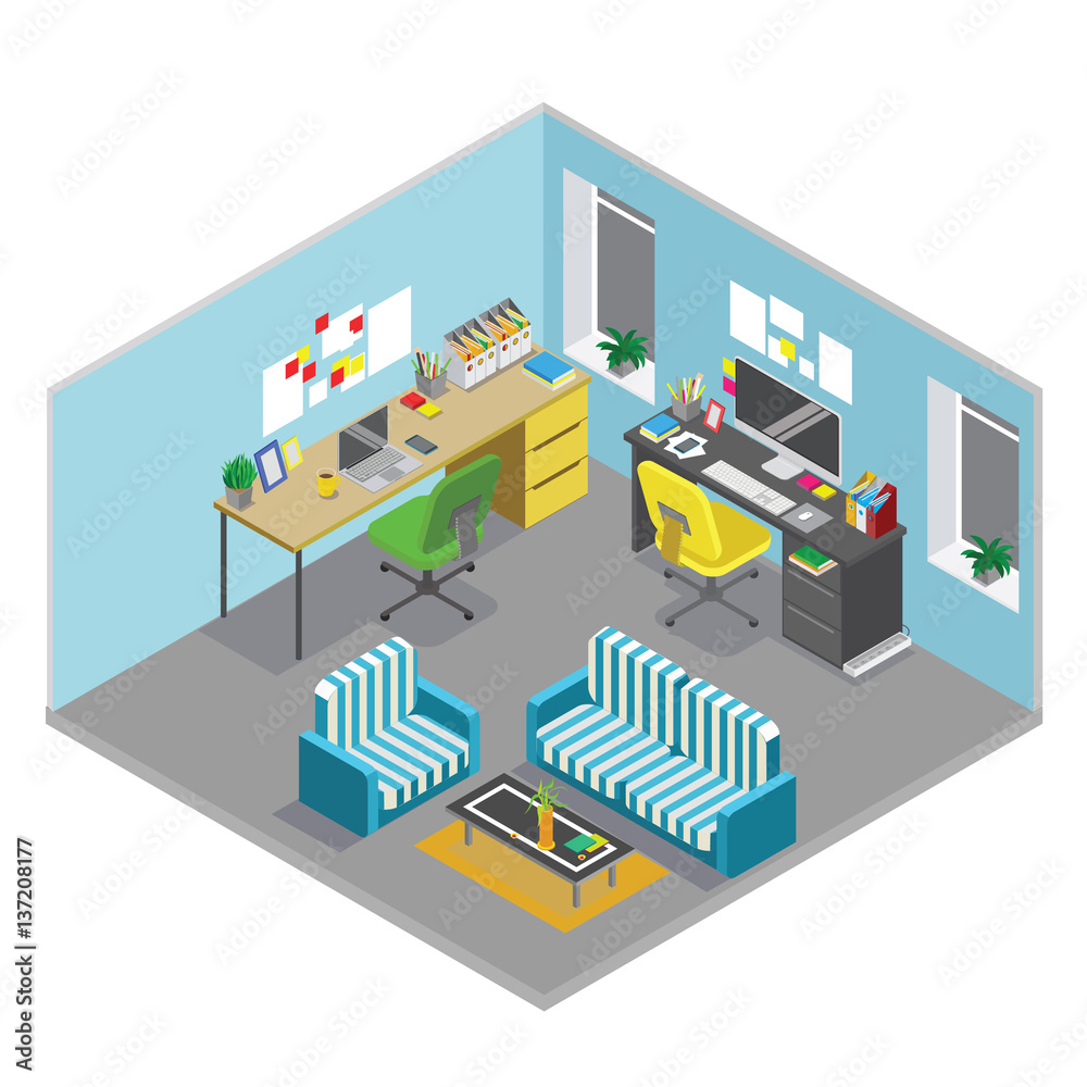 Flat 3d isometric abstract office floor interior departments concept vector. Office workspace. Office room. Flat 3d isometric abstract office floor interior departments concept vector. Office workspace. Office room.