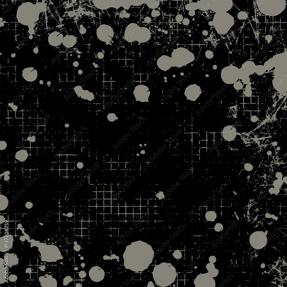 Obraz premium Vector drawn background with frame, border. Grunge template with splash, spray attrition, cracks. Old style vintage design. Graphic illustration.