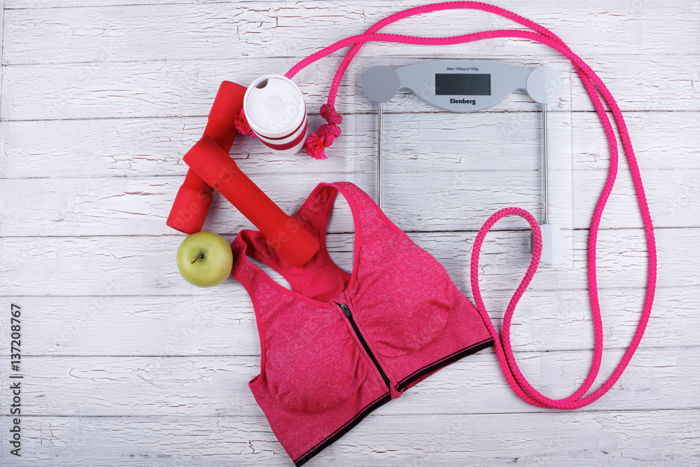 The bustier,rope,bar,weight,cup and apple are for gym