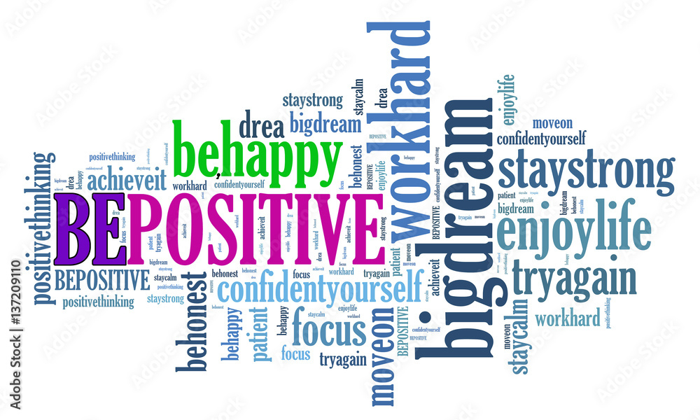 BE POSITIVE and other positive words. Positive thinking, attitude concept. BE POSITIVE and other positive words. Positive thinking, attitude concept.