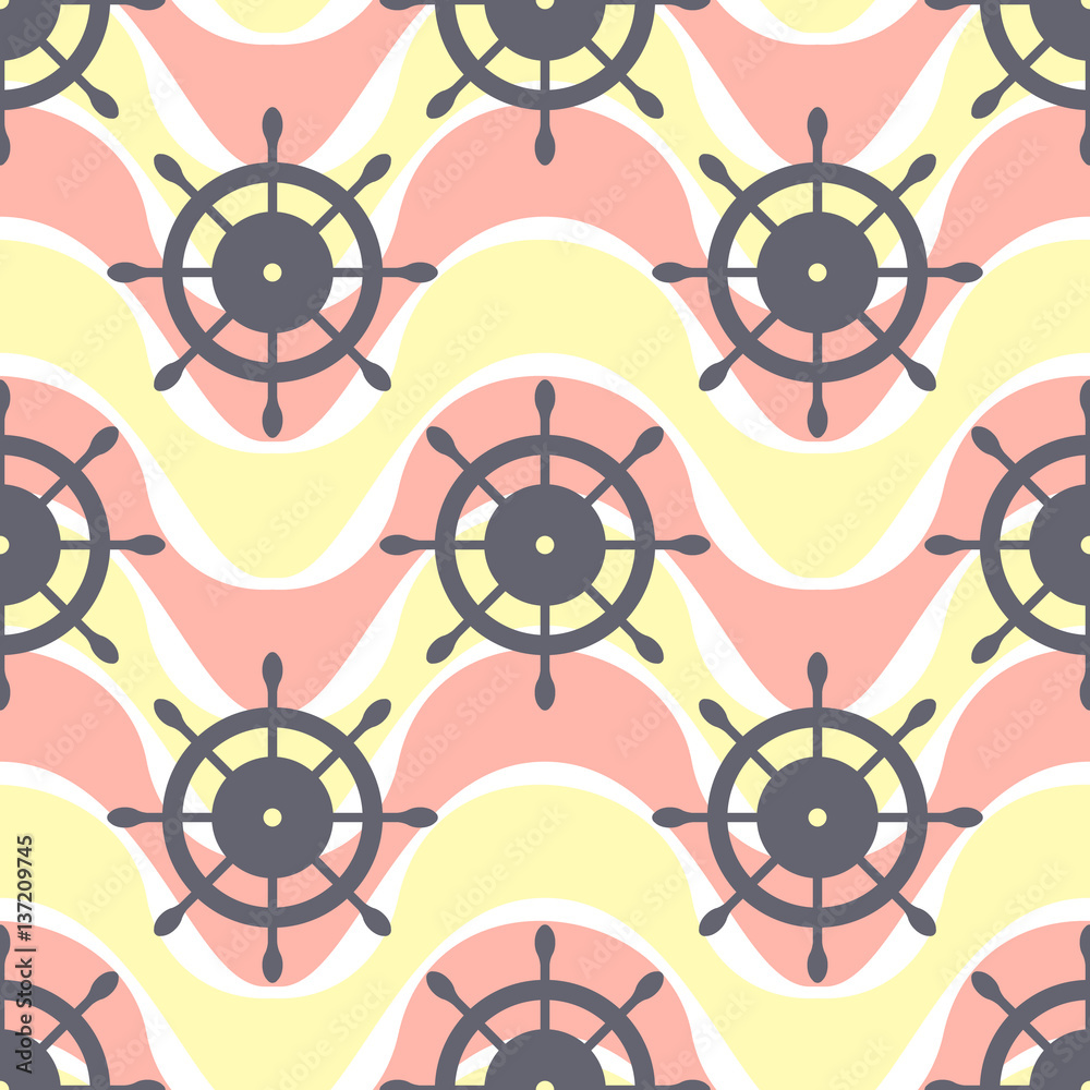 Vector seamless pattern with steering wheel. Symmetrical background, nautical theme. Graphic illustration.Template for wrapping, backgrounds, fabric, prints, decor, surface Vector seamless pattern with steering wheel. Symmetrical background, nautical theme. Graphic illustration.Template for wrapping, backgrounds, fabric, prints, decor, surface
