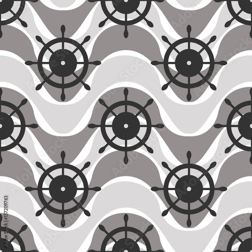 Vector seamless pattern with steering wheel. Symmetrical background, nautical theme. Graphic illustration.Template for wrapping, backgrounds, fabric, prints, decor, surface