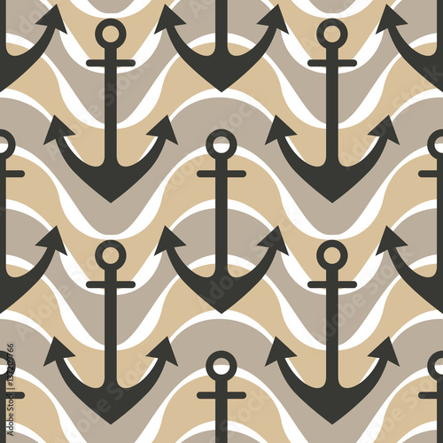 Vector seamless pattern with anchor. Symmetrical background, nautical theme. Graphic illustration. Template for wrapping, backgrounds, fabric, prints, decor, surface