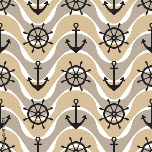 Vector seamless pattern with anchor, steering wheel. Symmetrical background, nautical theme. Graphic illustration. Template for wrapping, backgrounds, fabric, prints, decor, surface