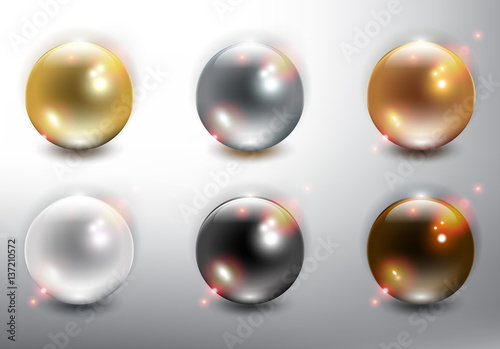 Realistic pearls set of 6. Colorful and glossy with realistic light and shadow on the light background. Vector illustration. Eps10.