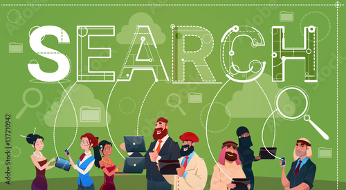 Mix Race People Group Using Gadgets Search Data Internet Concept Flat Vector Illustration