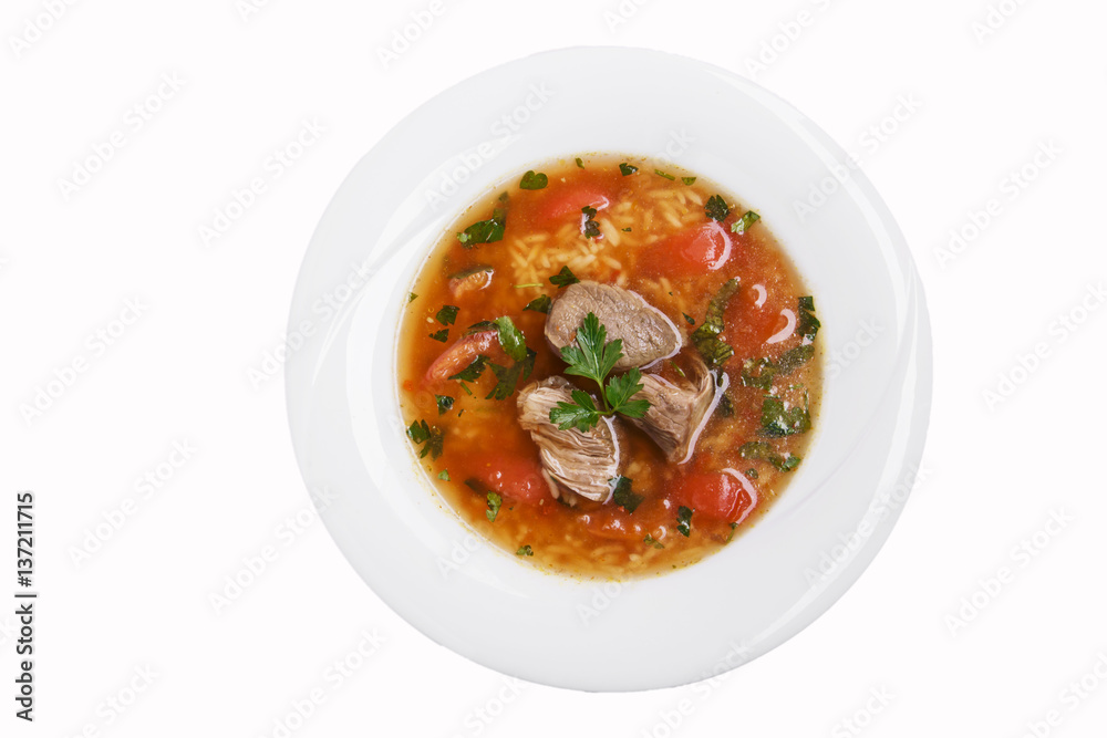 soup kharcho traditional Georgian dish white background top view isolated soup kharcho traditional Georgian dish white background top view isolated