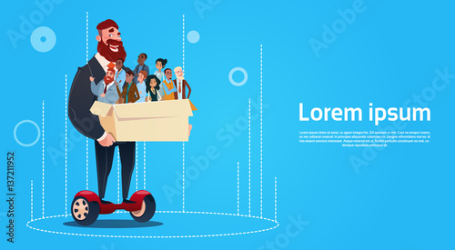 Business Man Ride Electric Scooter Carry Box Candidates Employees Human Resources Flat Vector Illustration