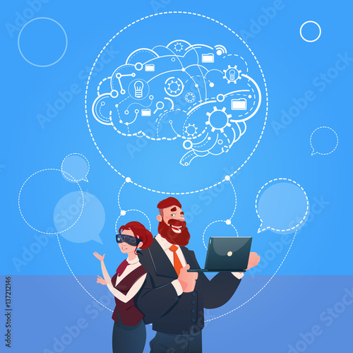 Business Man And Woman Wear Digital Reality Glasses Brainstorming Briefing Idea Concept Flat Vector Illustration