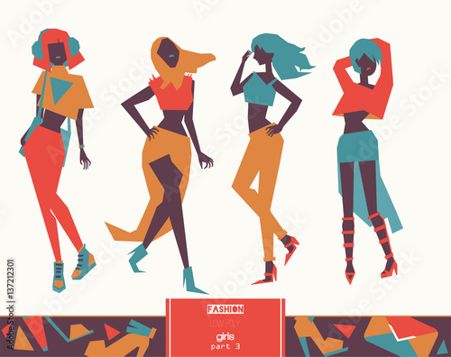 Vector creative illustration with lovely girls in elegant fashion style in different poses. Full bodies dressed with crop top. Hipster and elegant girls in geometric style with long legs.