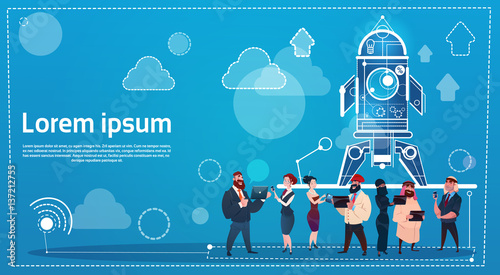 Business People Group Space Rocket Success Startup Development Flat Vector Illustration