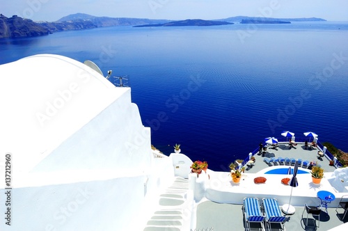 Piece of Mediterranean cruise On Santorini island, Greece. The view from the hotel balcony on the lower terrace and the shore of the Aegean sea. The system of the Cycladic Islands