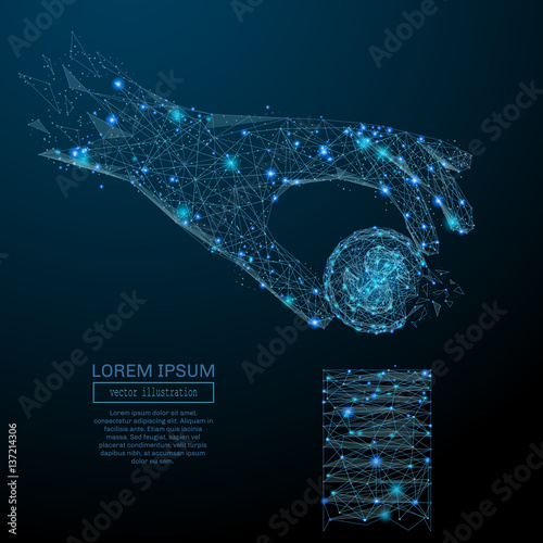 Abstract image of a hand with dollar coin in the form of a starry sky or space, consisting of points, lines, and shapes in the form of planets, stars and the universe Vector business wireframe concept