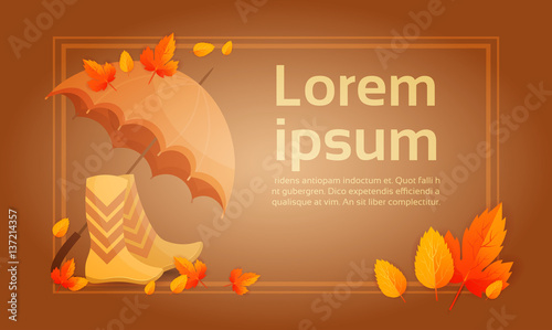 Yellow Leaf Autumn Umbrella Boots Fall Banner Abstract Background Flat Vector Illustration