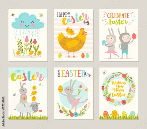 Set of Easter greeting card with cartoon characters, flowers, chickens and eggs. Vector illustration.