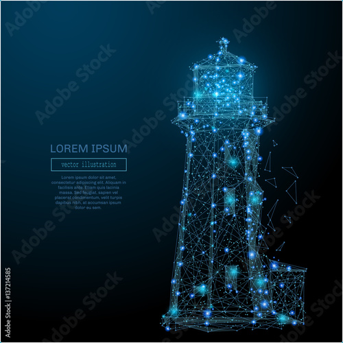 Abstract image of a lighthouse in the form of a starry sky or space, consisting of points, lines, and shapes in the form of planets, stars and the universe. Vector business