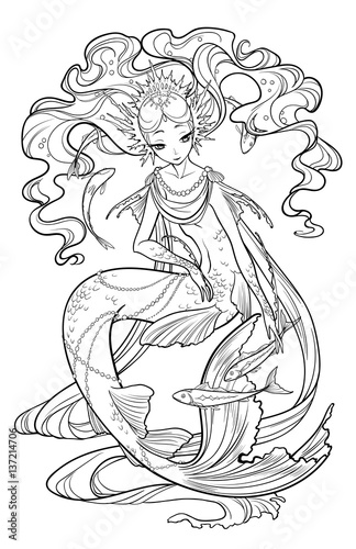 Illustration of pearl mermaid with curled hair, decorated with seashell elements, playing with fishes. Black and white, anti-stress. Adult coloring books.