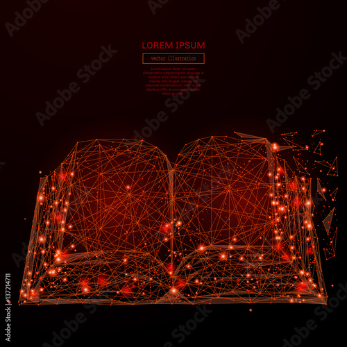 Abstract mash line and point open book on background with an inscription. Starry sky or space, consisting of stars and the universe. Vector business illustration