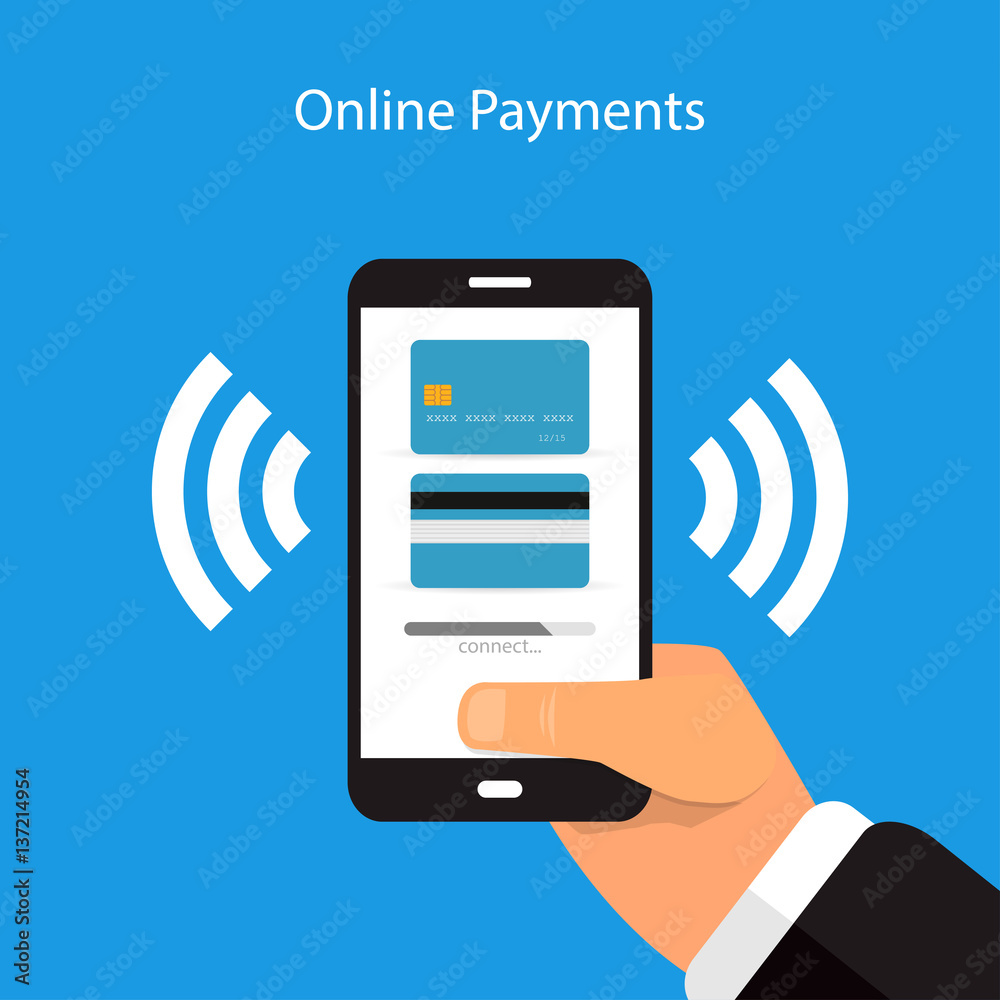 Online payment with a mobile phone on a blue background Online payment with a mobile phone on a blue background