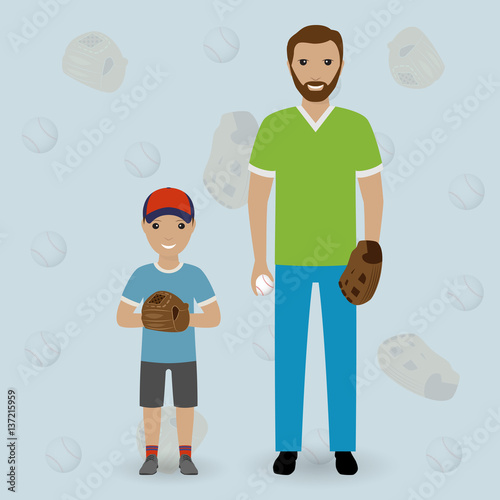 Father and his little son going to play baseball. Dad and kid throw the ball. Happy family concept.