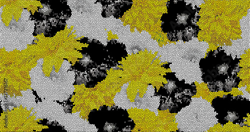 Yellow, black, white seamless realistic flower mosaic. Flower pattern. You may use it as fabric design