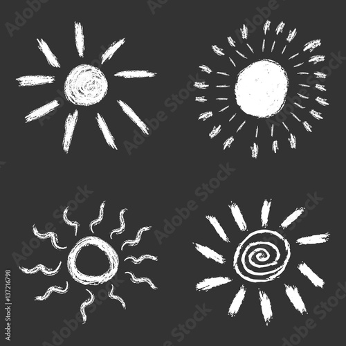 Set of hand drawn chalk sun icons. Vector illustration isolated on black background.