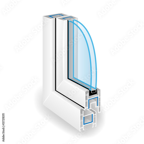 Plastic Window Frame Profile. Two Transparent Glass. Vector Illustration Of Structure