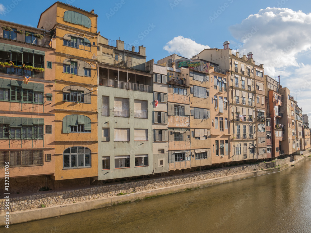 Old town buildings by the river in Gerona, Spain