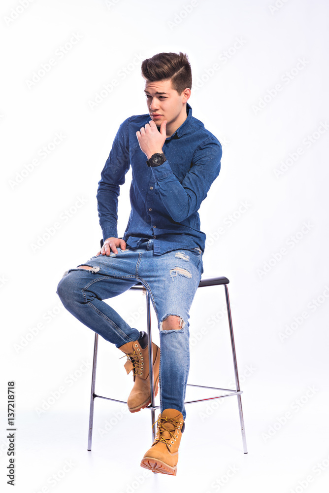 Male model in denim jeans . Studio shoot. Stock Photo | Adobe Stock