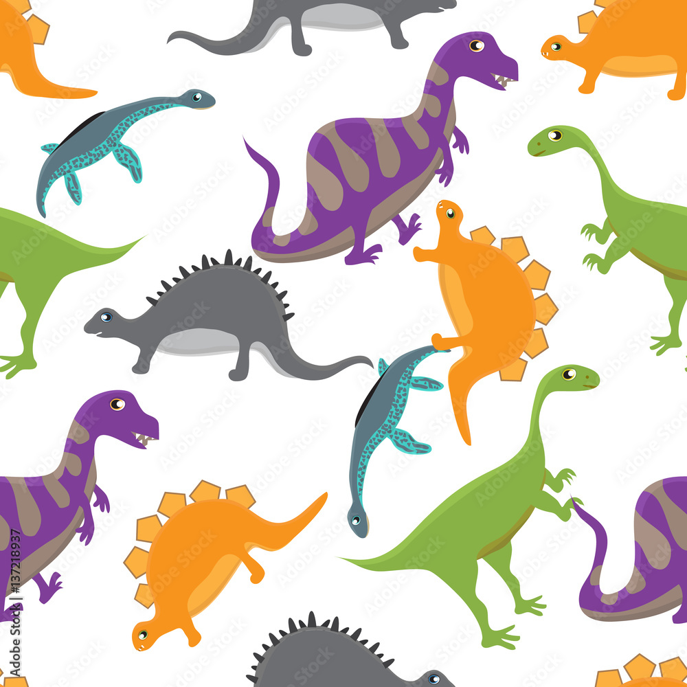 Fototapeta premium Adorable seamless pattern with funny dinosaurs in cartoon. Seamless pattern can be used for wallpapers, pattern fills, web page backgrounds, surface textures.