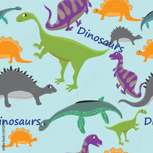 Adorable seamless pattern with funny dinosaurs in cartoon. Seamless pattern can be used for wallpapers  pattern fills  web page backgrounds  surface textures.