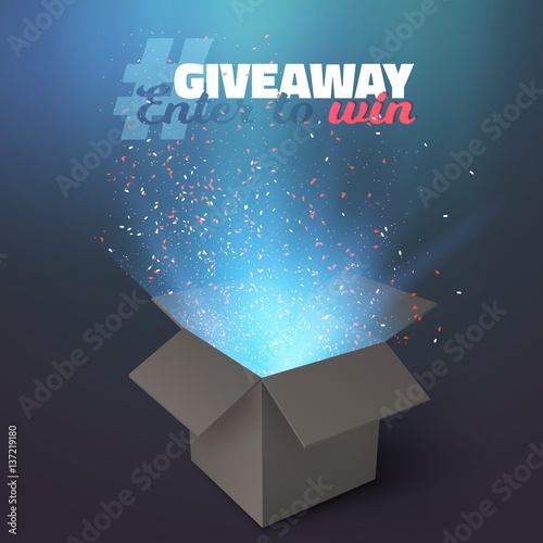 Illustration of Vector Box Giveaway Competition Template. Open Box with Confetti and Magic Light Enter to Win Prize Concept