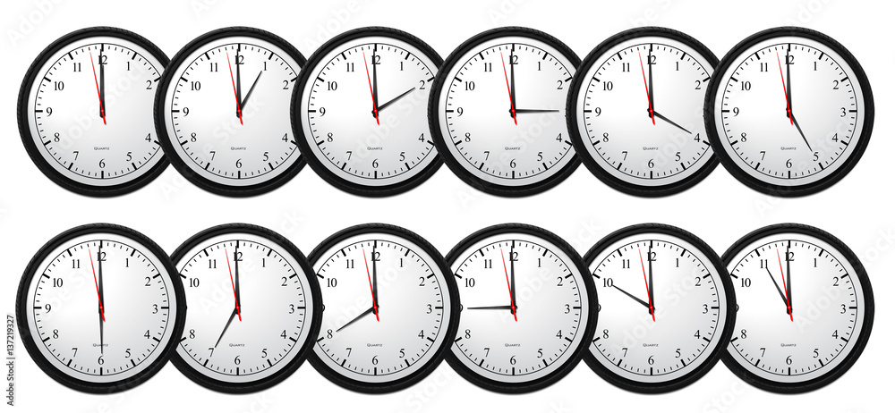 Naklejka premium Overlapping Business Clocks showing All Hourly Times